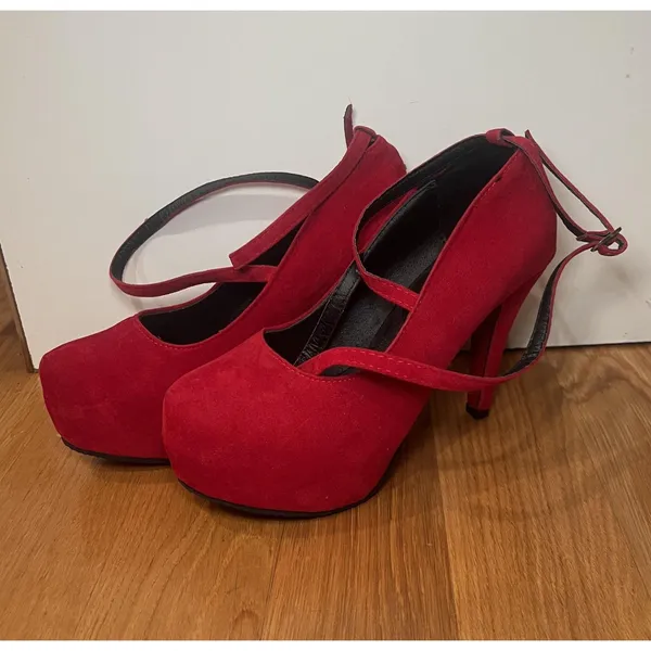Mary Jane Platform Shoes Womens Size 7.5 Red Suede Ankle Strap Stiletto Pumps - Image 4