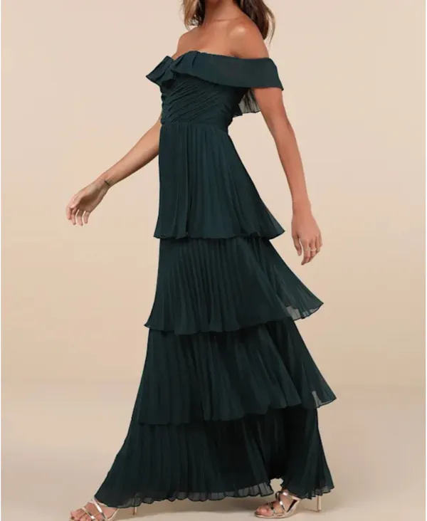 Lulus Emerald Pleated Off-the-Shoulder Maxi Dress - Image 3