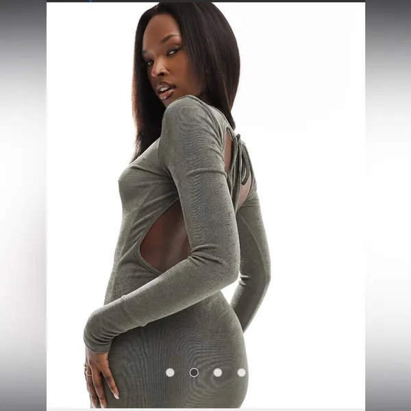 NWT Edikted slinky backless long sleeve mini dress in olive green Sz S sold out - Image 3