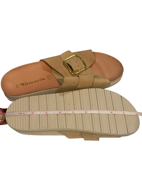 Tamaris Minimalist Suede Leather Slides Goldtone Buckle 39 - Image 9