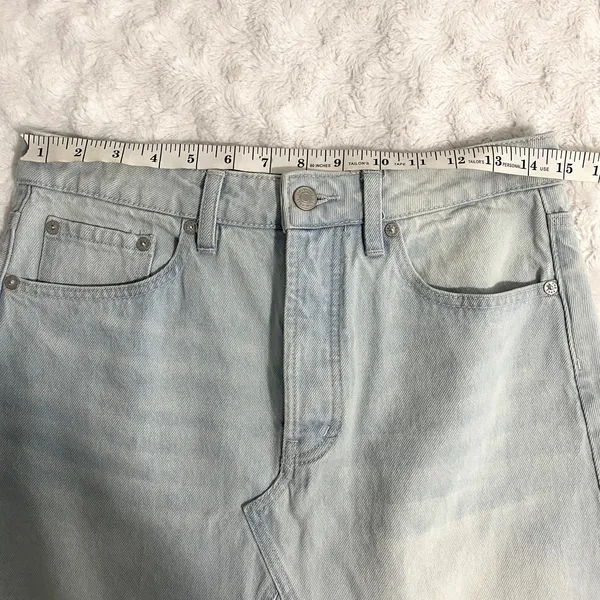 Free People Light Wash Going Rogue Distressed Raw Hem Denim Mini Skirt 27 - Image 6