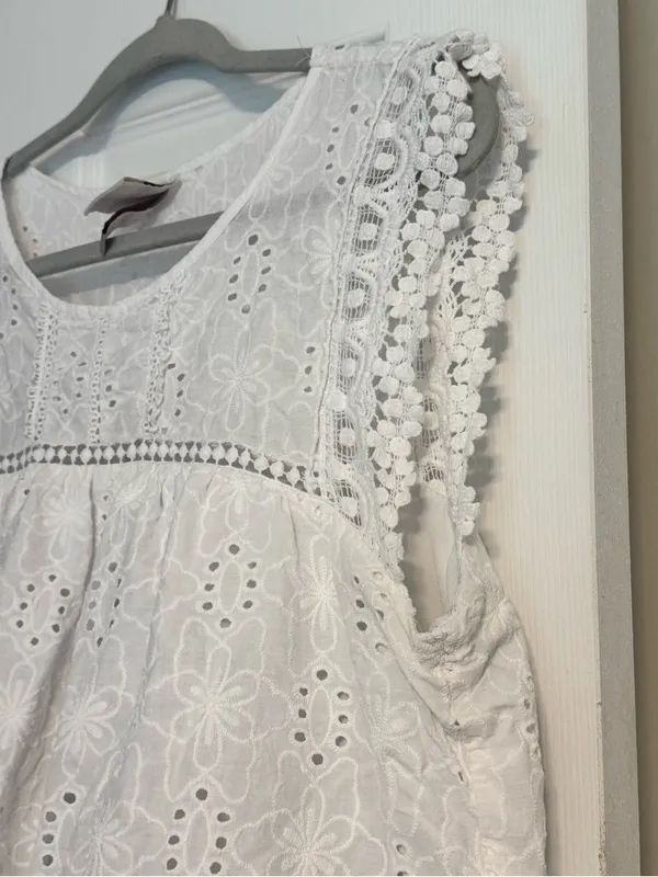 Knox Rose White Eyelet Cotton Cap Sleeve Summer Cottage Boho Lace Trim Top Large - Image 4