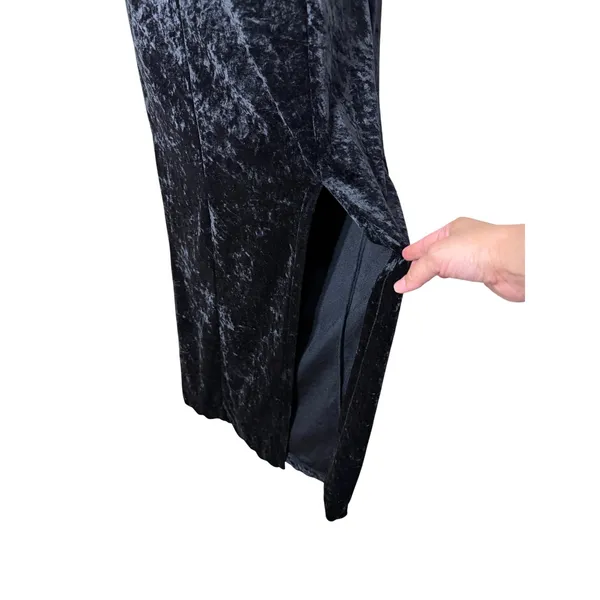 All That Jazz Vintage 90s Black‎ Crushed Velvet Halter Maxi Dress Side Slit Med - Image 4