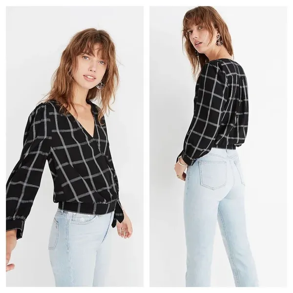 Madewell‎ Wrap Top in Windowpane sz Small black white - Image 2