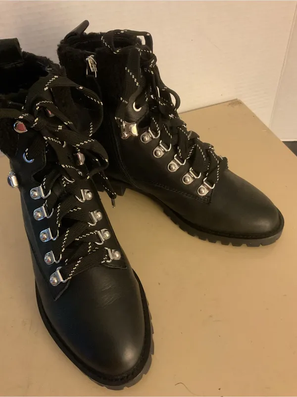 Rebecca Taylor women Black leather Lace-Up Faux Shearling Combat Boots uS 7 - Image 9
