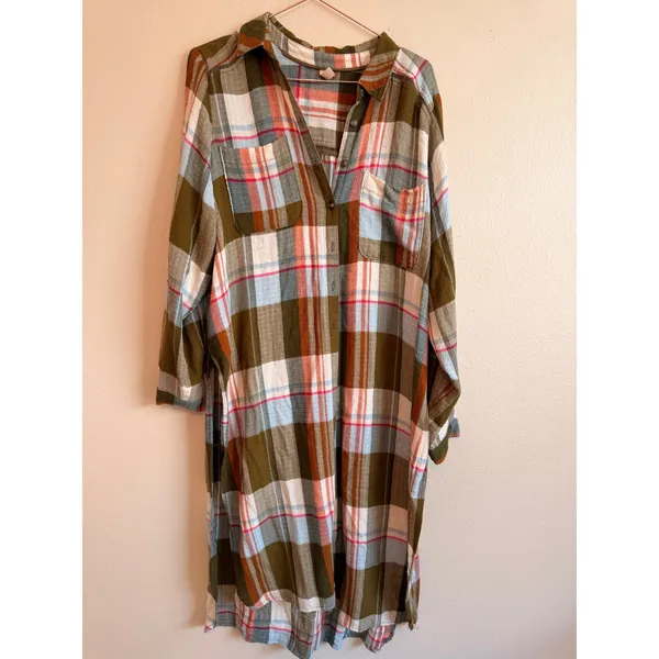 Pilcro Shirt Dress Women Medium Olive‎ Plaid Longline Duster Button Front Boho - Image 2