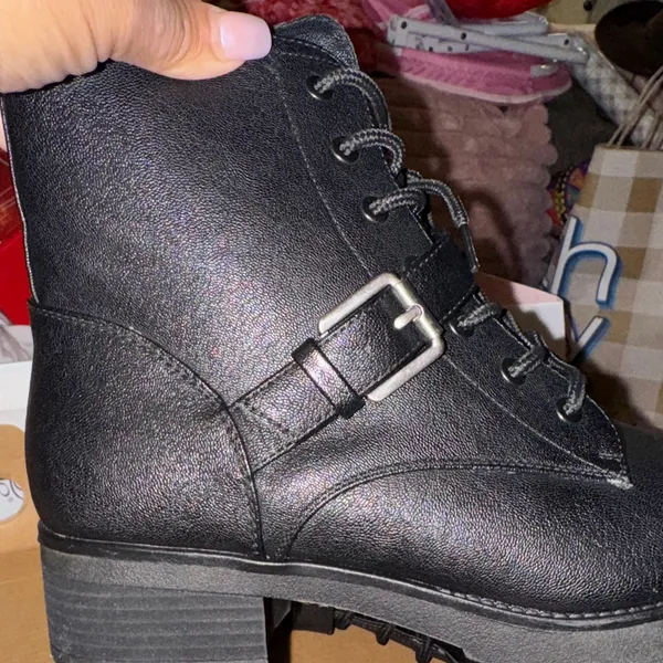 New‎ Sleek Black Combat Boots with Buckle Detail - Image 3