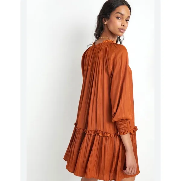 Anthropologie Pleated Mini‎ Dress Giulia XS Orange Ruffle Tiered Boho Fall - Image 2