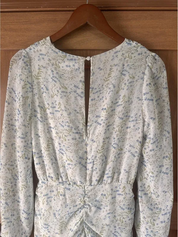 MABLE Ruffle Ivory / Blue Floral Puff Sleeve Rouched Mini Dress Women’s Small - Image 11
