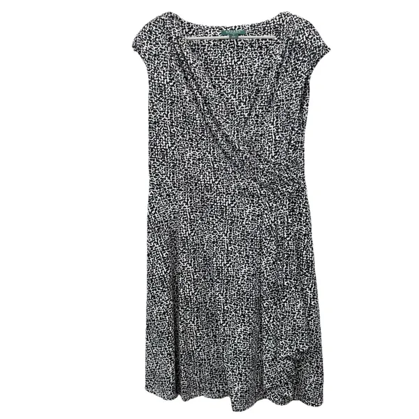 Ralph Lauren‎ Black White Sleeveless Swing Flare Faux Wrap Stretch Dress Size 16 - Image 2