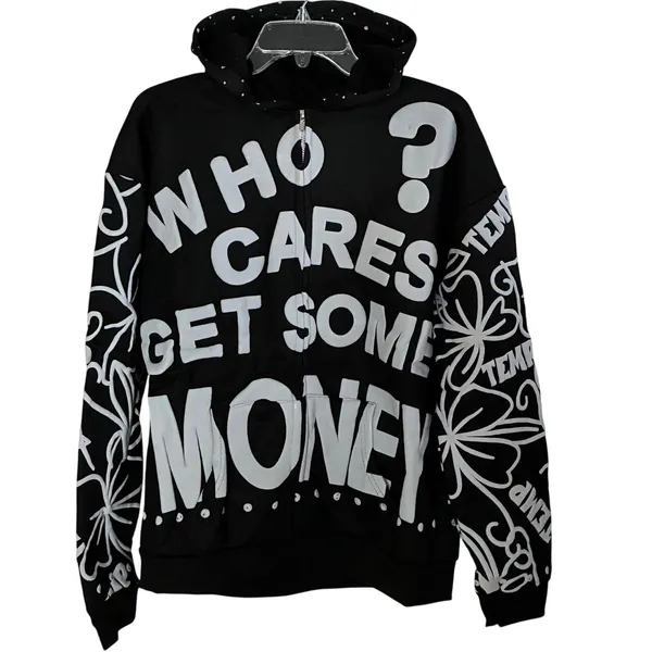 NWOT ~ Unisex Black Y2K Graphic Zip Up Hoodie Streetwear ~ Oversized Small - Image 2