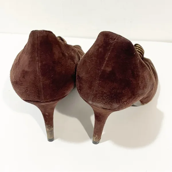 Gucci‎ Chocolate Brown Suede Gold Trim Peep Toe Classic Pumps Heels Size 8.5 - Image 4