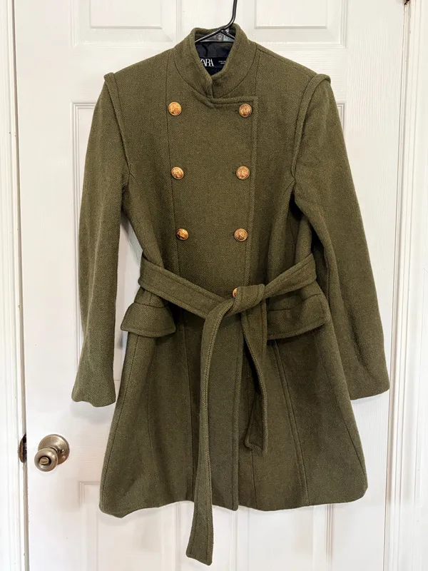 ZARA Olive Green Military Coat Gold Button Belted Preppy Academia Womens M - Image 2
