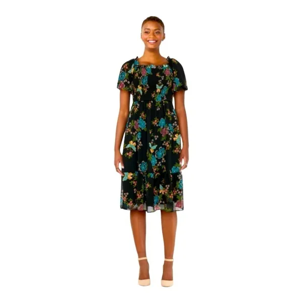 Lauren Conrad Plus Balloon Sleeve Smocked Midi Dress Sz XL Black Butterfly - Image 3
