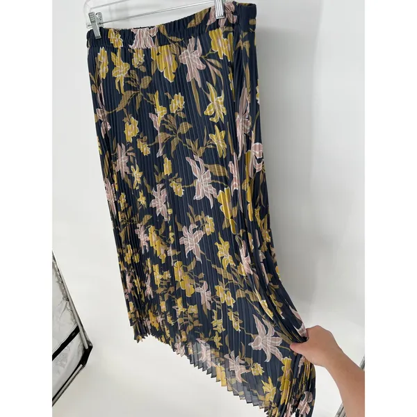 LOFT Pleated Maxi‎ Skirt XL Dusty Blue Yellow Floral Elastic Waist Accordion - Image 2