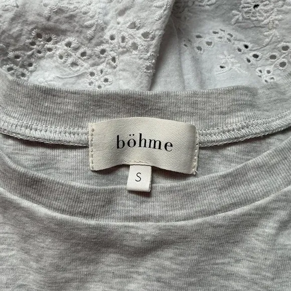 Bohme Women Grey White Eyelet Lace Peplum Top Pom Pom Trim PS17220-BM Small‎ - Image 3