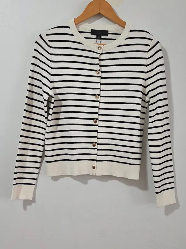 Zara Striped Knit Cardigan Long Sleeve - White/Black - Size S - 5755 - Image 2