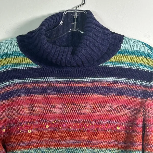 Rocket Candy Vintage Rainbow Striped Beaded Turtleneck Cropped Sweater Large - Image 3