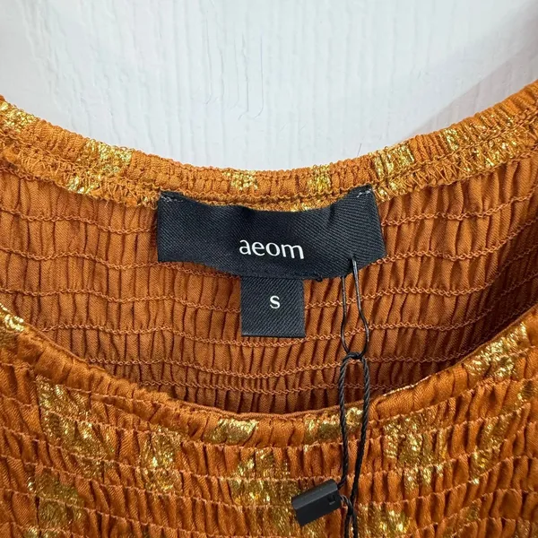 NEW Aeom copper gold leaf smocked tiered puff sleeve‎ babydoll mini dress small - Image 4