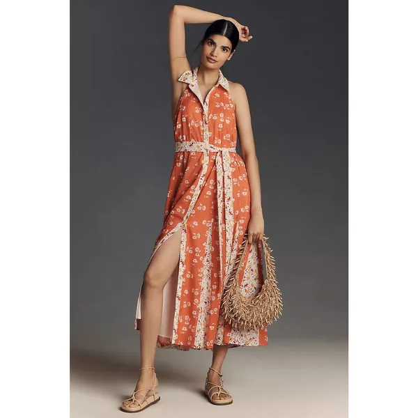 Anthropologie Maeve Halter Open-Back Godet Midi Shirt Dress Mixed Floral Boho - Image 3