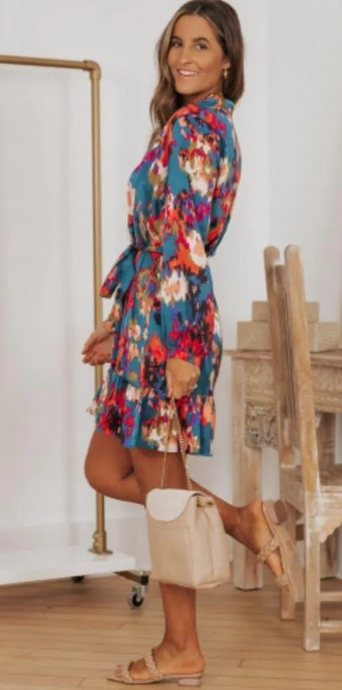 NEW Deep Turquoise Abstract Multicolor Print Belted Ruffle Satin Mini Dress - Image 6
