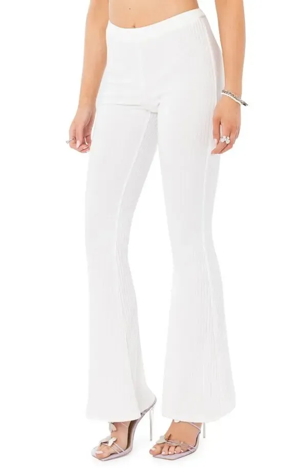 Edikted White Ribbed Flare Pants Small - Image 4