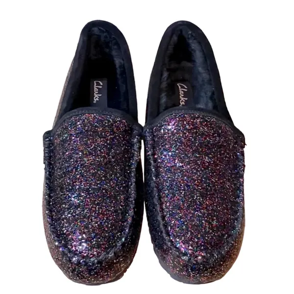 NWT Clarks Glitter Loafers Size 10M Sparkle Slip On Shoes‎ Faux Fur Lined - Image 2