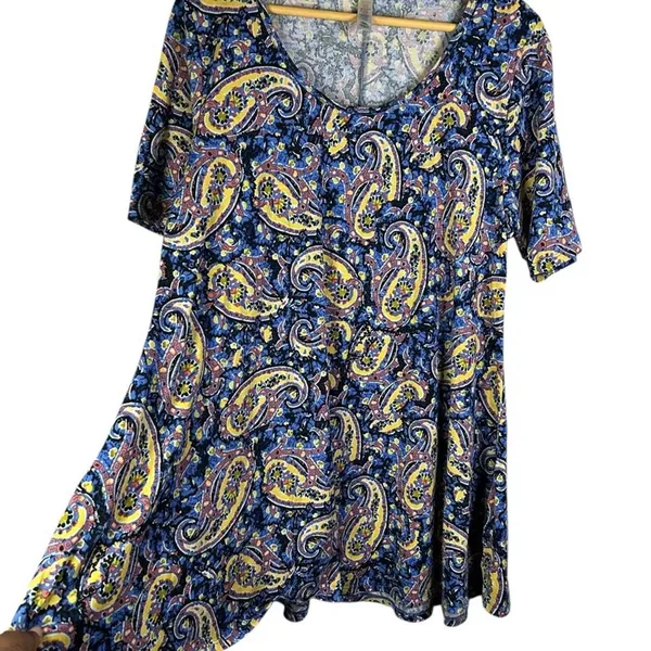 Boho Paisley Swing Dress Festival Cottagecore Soft Stretch Blue Yellow Women's L - Image 3