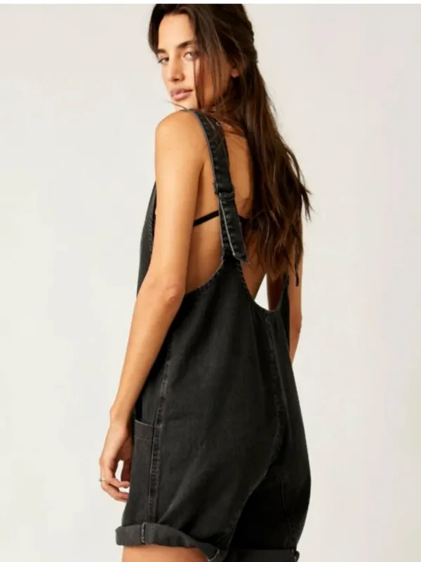 Free People We The Free Black High Roller Denim V-Neck Shortalls Overalls XS - Image 4