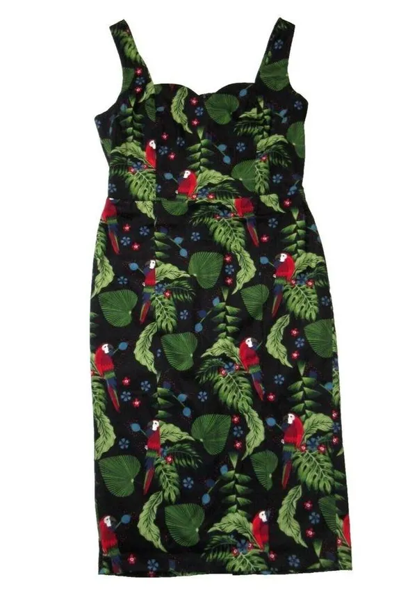 NWT Collectif Anita parrot Paradise in Black Cotton Pencil Dress L / US 10 - Image 2