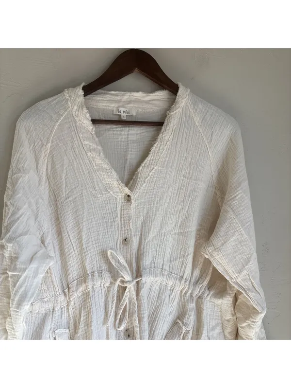 La Miel Womens Large Cream White Gauze Cotton Raw Hem Button Front Tunic Dress - Image 2