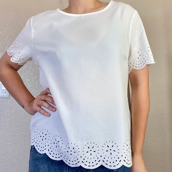 SHEIN Laser Cut Detailed Scalloped White Top, Large - Image 2