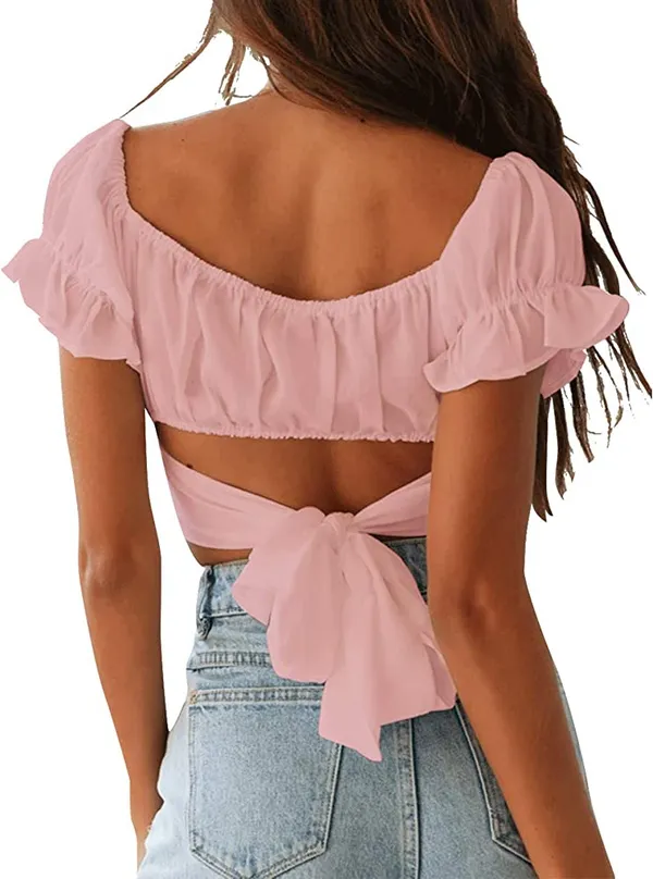 Lyaner Ruffle Short Sleeve Tie Up Back Crop Top Off Shoulder Bardot Blouse - Image 3