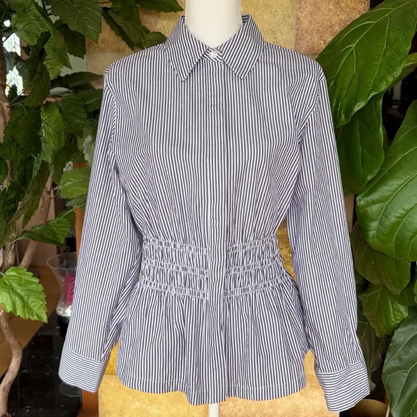 NEW Steve Madden Smock Waist Stripe Button Up 100% Cotton Longsleeve Top, Size M - Image 2