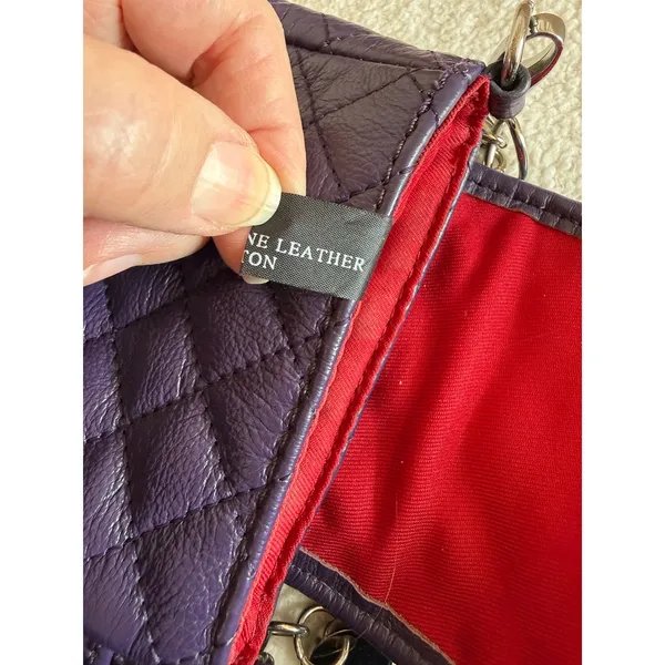 MAXX NEW YORK Leather Crossbody Bag Purple Diamond Quilted Silver Chain Strap - Image 8