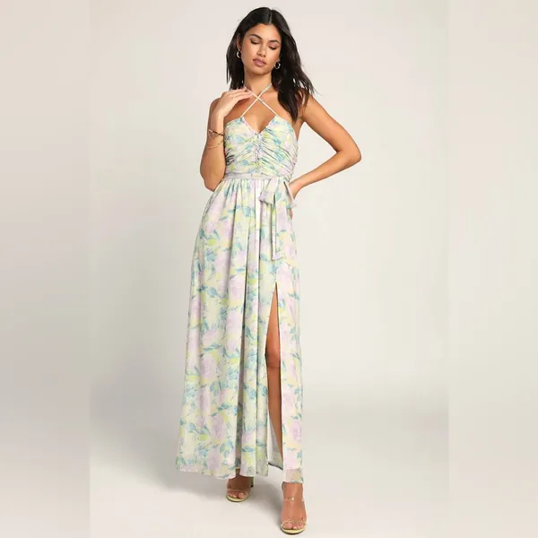 LULU’S Effortlessly Abloom Green Multi Floral Ruched Halter Maxi Dress - Image 5