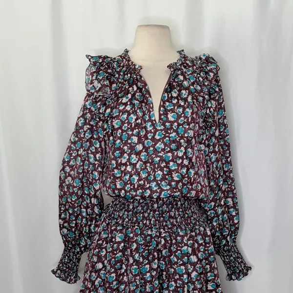 RAMY BROOK Silk Penelope Dress Roco Floral Mini Ruffled Smocked Purple Teal XS - Image 3