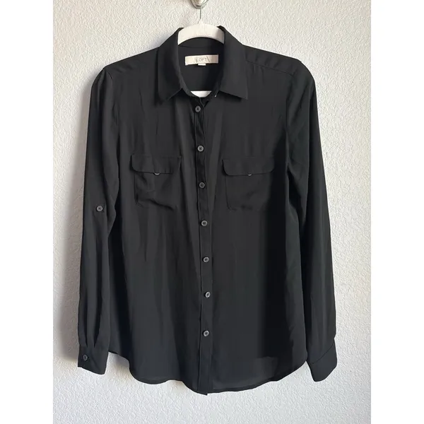 LOFT Black Utility Blouse Shirt Long Sleeve Roll Tab Button Down Pocket Top S - Image 3