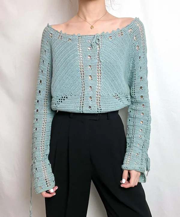 y2k blue boho crochet knit off shoulder sweater top by route 66 - Image 3