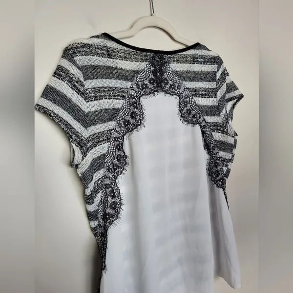 IZ Byer Black White Stripe Mixed Media Blouse Top Lace Knit Semi Sheer Size XL - Image 11