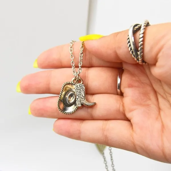 Minimalist Cowboy Boot and Hat Necklace Silver - Image 4