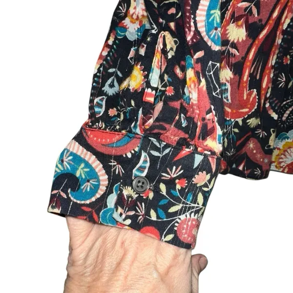 LOFT Paisley‎ Boho Peasant Blouse Medium Black Floral Long Sleeve Button Front - Image 2