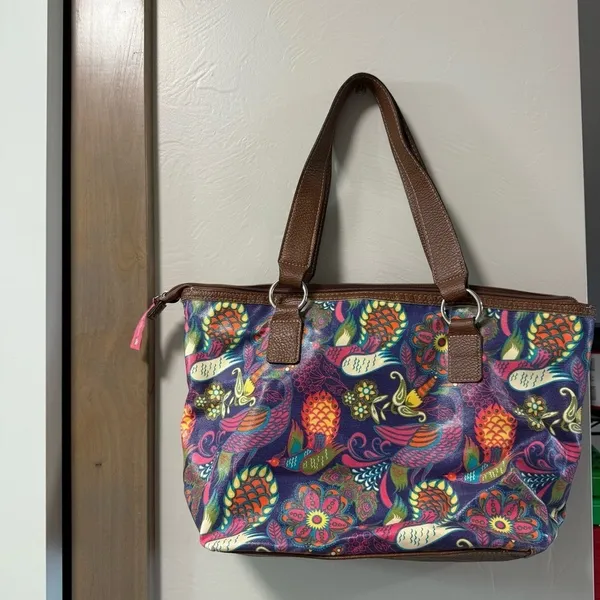 Lily Bloom Peacock Colorful Floral Shoulder Bag Purse Tote Lg Zip Top Abstract - Image 5