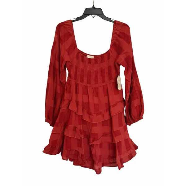 Altar'd State Rust Tiered Ruffle Mini Dress Smocked Long Sleeve Medium NWT #C2-1 - Image 2
