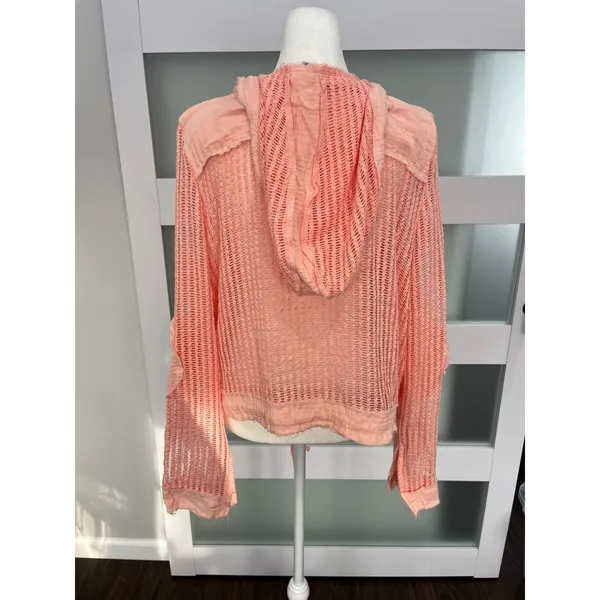 Open Knit Button Down Hooded Shirt Coral Pink‎ Mesh Drawstring Top XL - Image 5