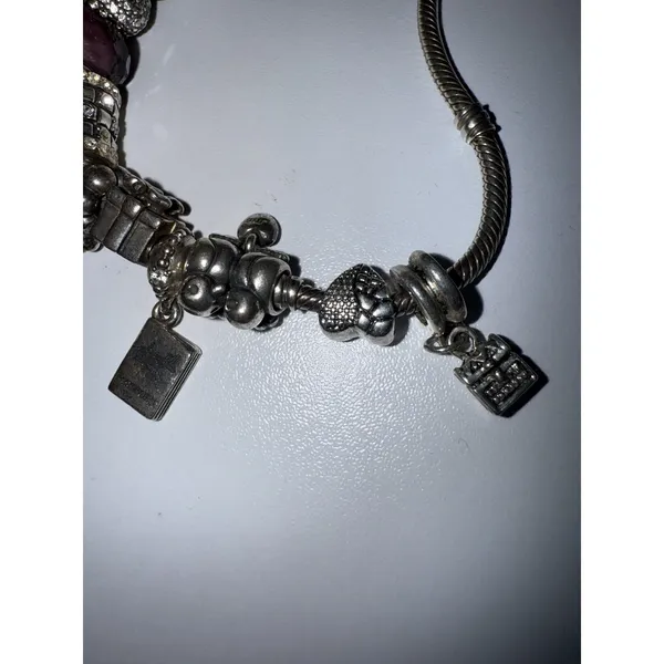 Pandora Bracelet with 10 charms Sterling Silver Passport Dress‎ Heart Gift 8" - Image 2