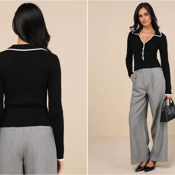 LULUS Chic Black and White Long Sleeve Ribbed Knit Cozy Casual Cardigan - Image 3
