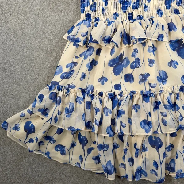 MISA Los Angeles Size Small Blue Floral Smocked Off-Shoulder Mini Dress Ruffle - Image 3