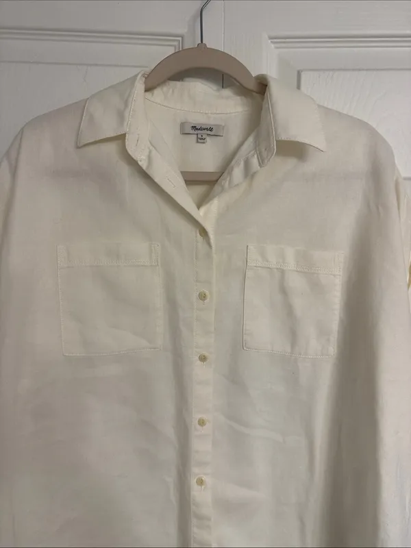 Madewell Off White Short-Sleeve Button-Down Shirt Size Small - Image 7