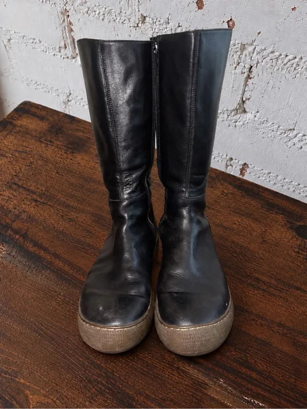 Vintage no NY Black Leather Platform Boots Mid Calf Y2K Chunky Goth Punk 9 - Image 2